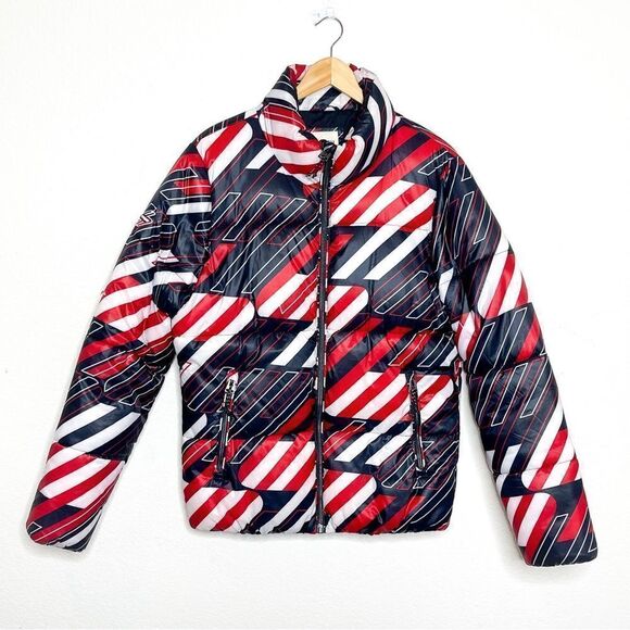 🍋 Superdry • Men’s Puffer Jacket in Bold Red and Black Stripe Pattern Size M - Picture 1 of 8